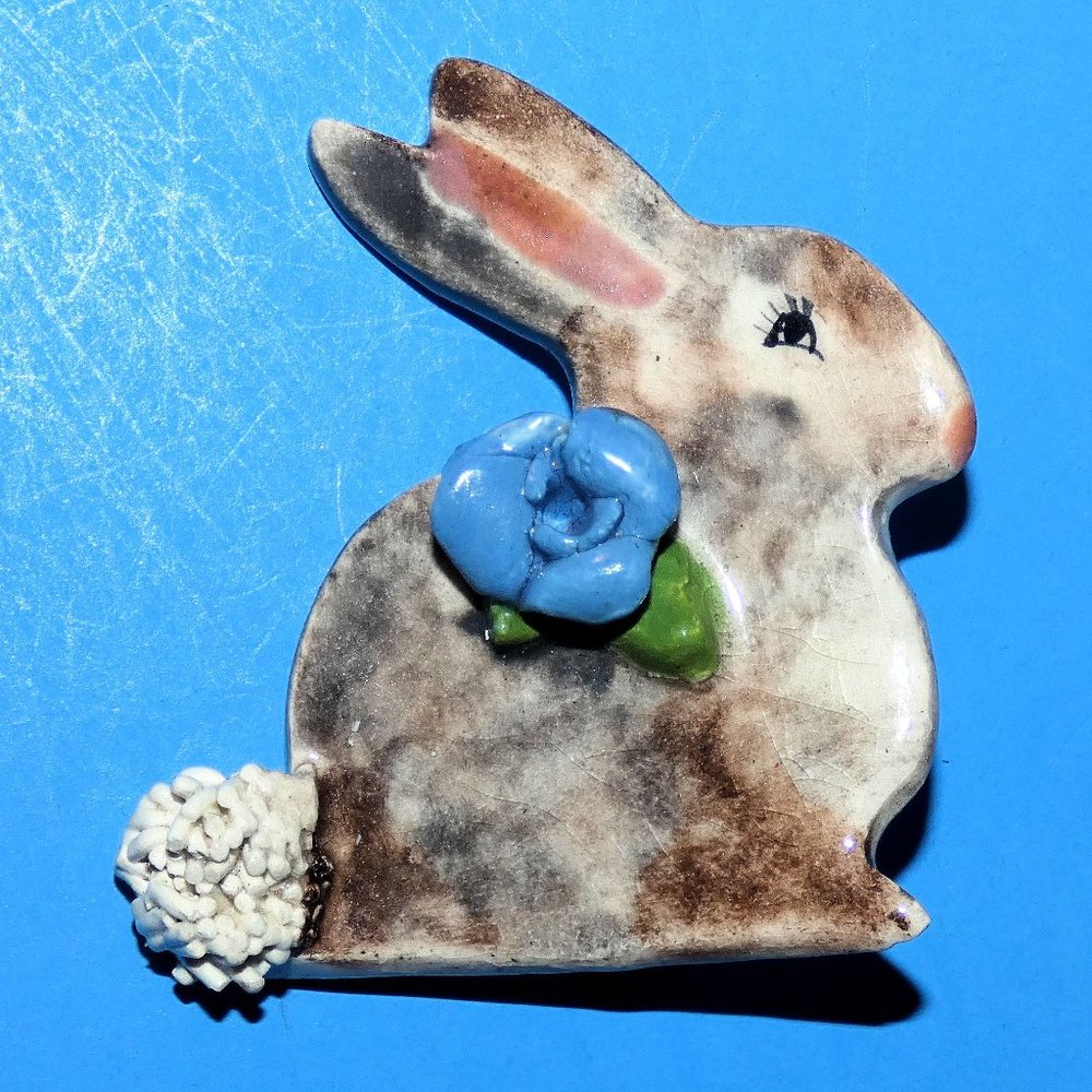 Vintage Bunny Rabbit Brooch Pin Blue Flower Easter Handmade Crafted Signed Loret